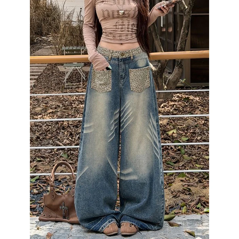 2026 Womens Retro Leopard Print Cuffed Wide Leg Jeans New Autumn Winter High Waist Draped Slim Straight Floor Length Denim Pants