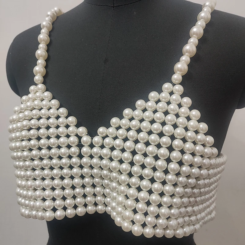 Winter Women's Handmade Pearl Top Wear Street Stylish Beading Vest New Trendy Body Jewelry Elegant Harness For Ladies