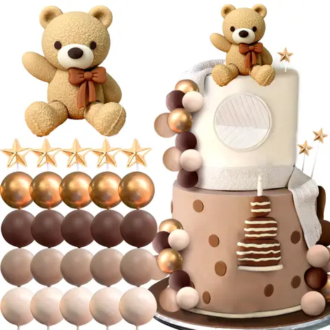 LaVenty brunbjörnstårtdekoration beige bruna bollar tårtdekoration boho björnar tårtdekoration babyshower födelsedagstårtdekoration 10 best sales björntårtdekoration - №3