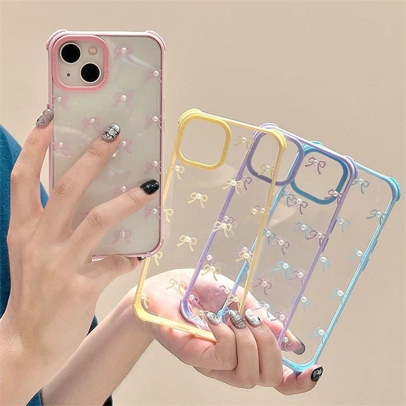 Cute 3D Pearl Bowknot Phone Case For iPhone 15 14 13 Pro Max Korea Girl INS Anti-fall Clear Soft Back Cover Friend Shell Gift