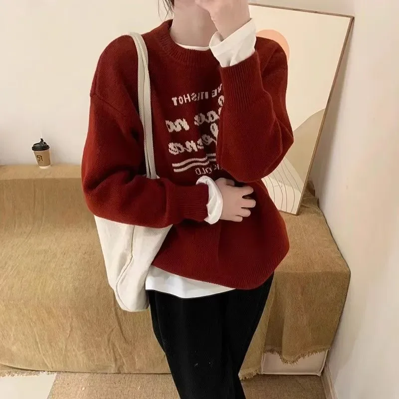 

Женская одежда, винтажные жаккардовые свитера, повседневные вязаные пуловеры с надписью, осень-зима, свободные вязаные пуловеры с круглым вырезом и длинными рукавами