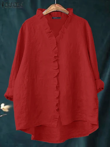 Imagen 2 del producto 2025 ZANZEA Camisas de algodón para mujer, Blusas con volantes para oficina de otoño, Blusas informales de manga larga con cuello en V, Blusas con botones, camisa holgada para mujer