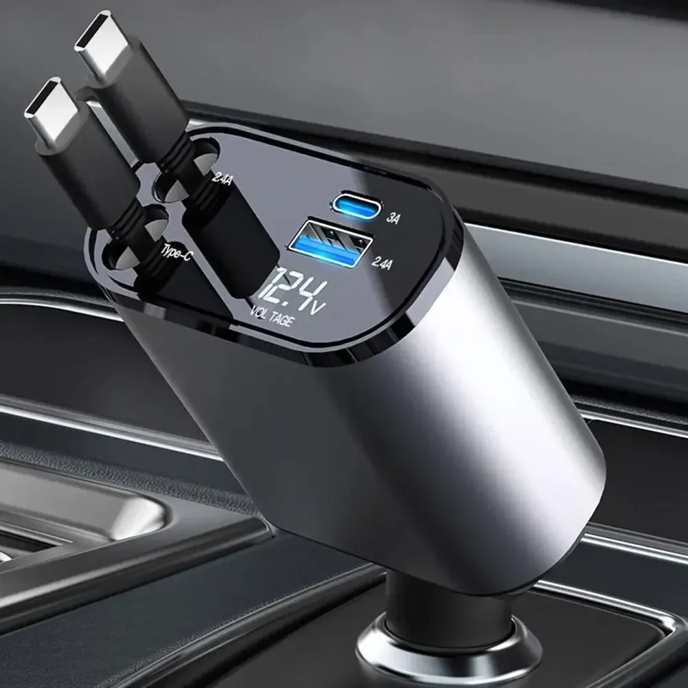 

Выдвижное автомобильное зарядное устройство 100 Вт 4-в-1 с кабелем USB Type-C для iPhone и Samsung, быстрая зарядка, адаптер для прикуривателя
