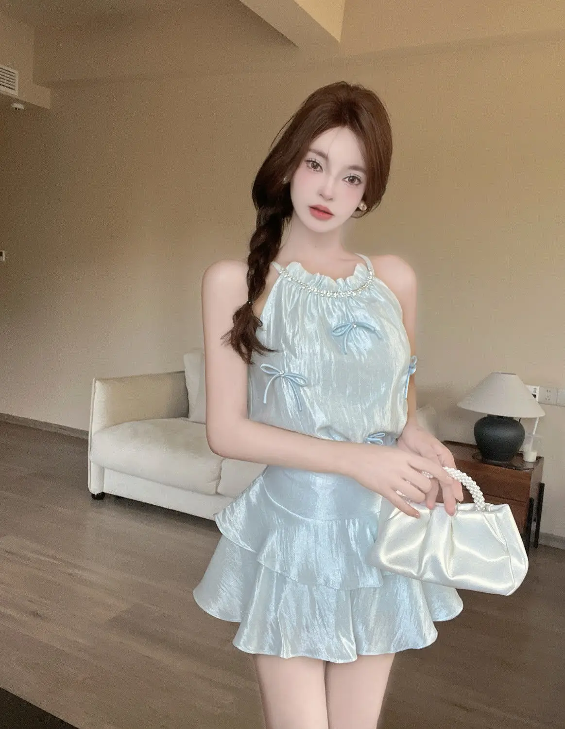 

Korea Two Piece Set Women Fashion Elegant Bowknot Camis Rhinestone Halter Satin Crop Tank Tops Ruffles Mini Skirts Summer Suits