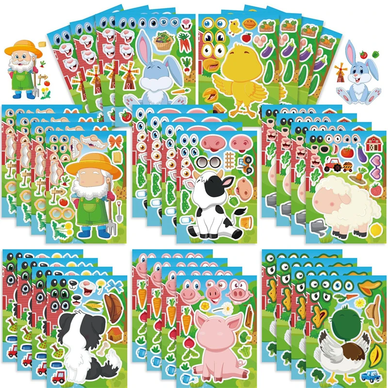 Cartoon Make-a-face Sticker Sheets Kids Children DIY Make Own Farmer Chick Bunny Farm Animal Puzzle Stickers Boys Girls Toy Gift