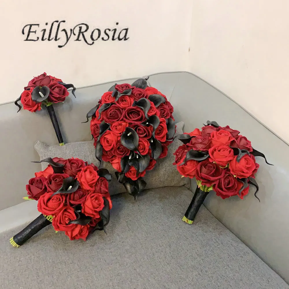 EillyRosia Rosso Borgogna e Nero Calla Lily Bouquet da sposa a cascata Lacrima Damigella d'onore Ragazze con fiori Boutonnieres Set