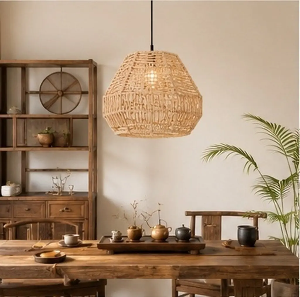 Handwoven Faux Rattan Lampshade Replacement Vintage Boho Pendant Light Shade Decorative Hanging Fixture Creative Design For Tea