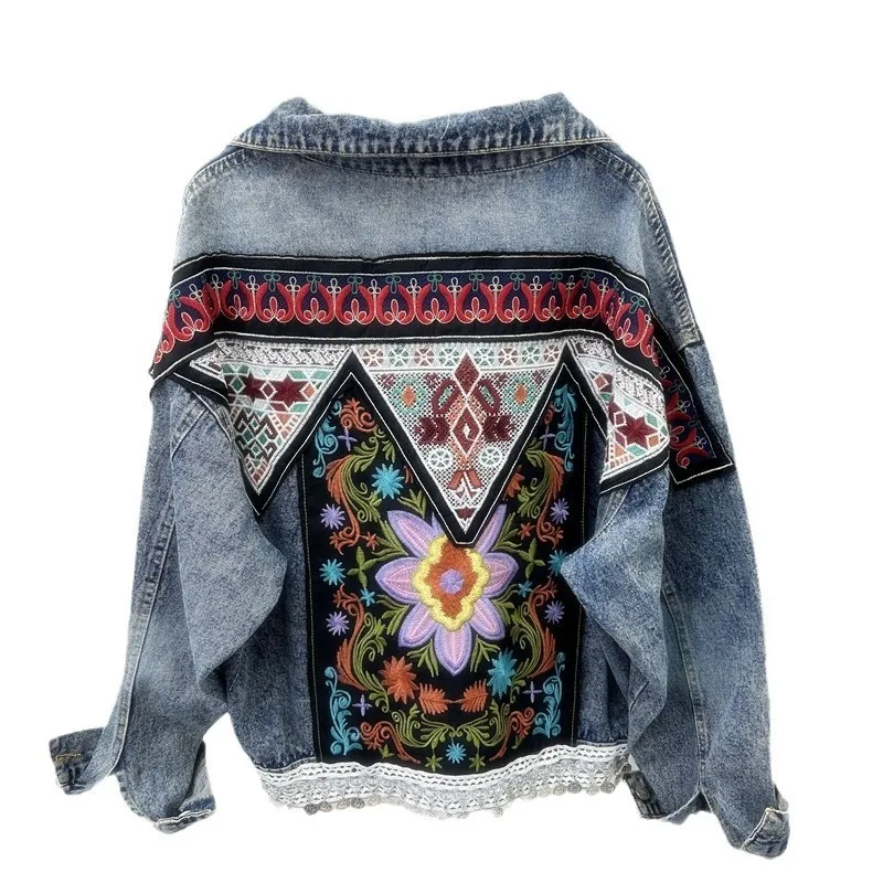Luxury Women's Embroidery Retro Jeans Denim Jacket Autumn Street Design Loose Top New Denim Coat Button Long Sleeves Tops