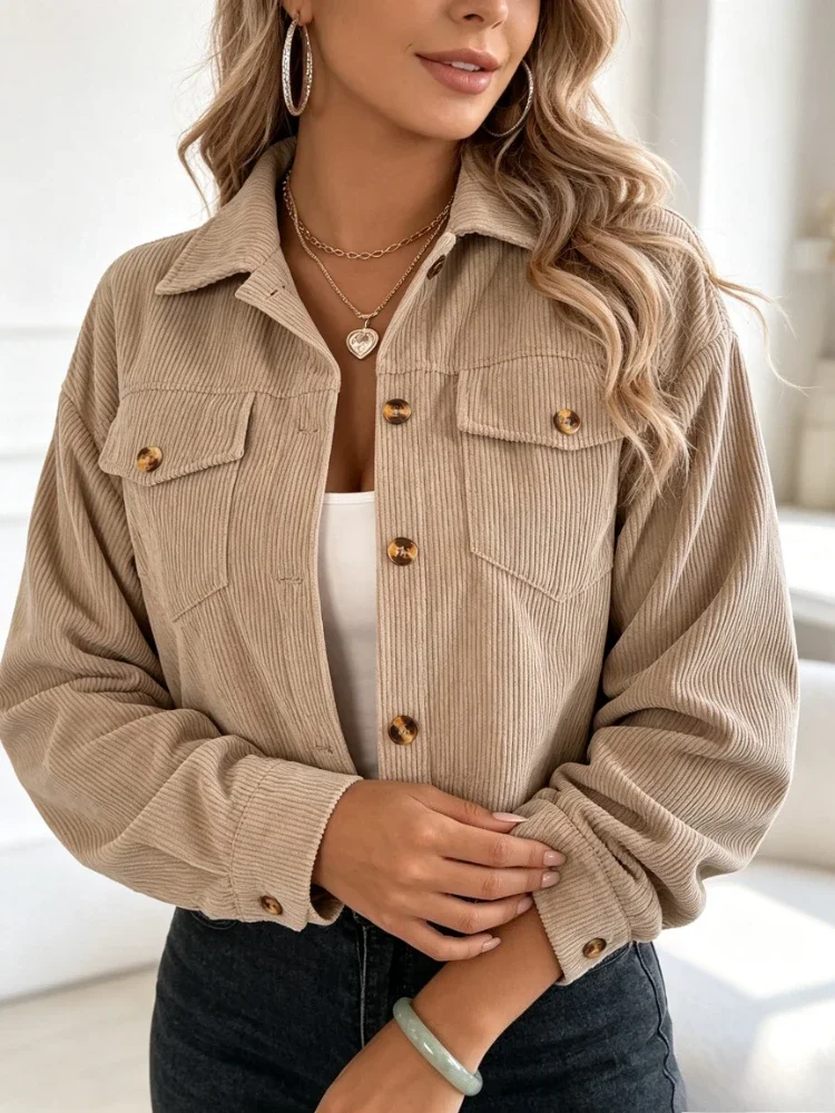 2026 New Versatile Women Corduroy Cropped Shacket Autumn Winter Long Sleeve Flap Pocket Lapel Button Casual Outerwear Top