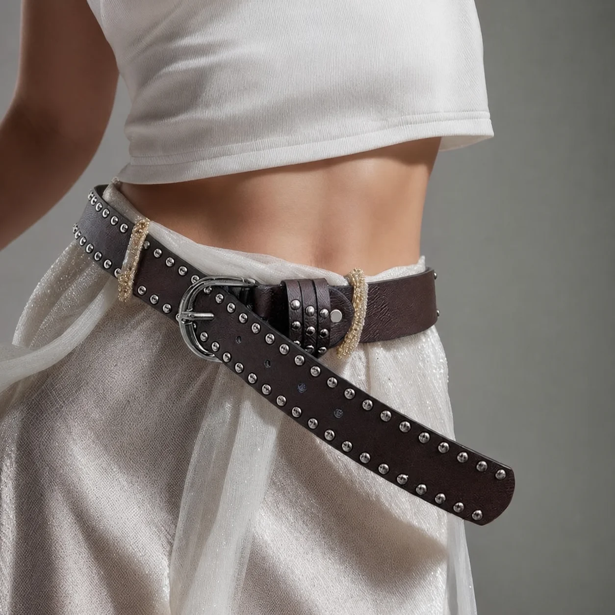 Round Bead Rivet Belt Metal Belt Y2K Women Men Punk Emo Hardware Jeans Alloy Buckle Jeans Decorative Accessories Waistband
