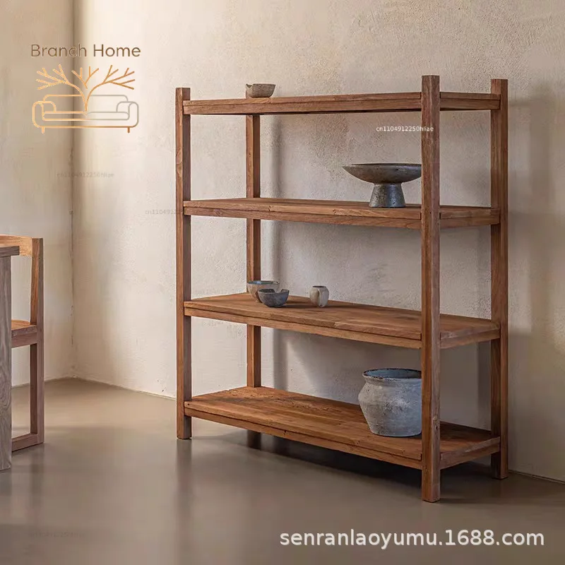 Medieval restaurant simple shelf old elm display shelf household shelf all solid wood multi-layer bookshelf Japanese style