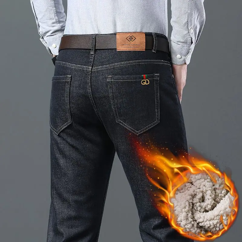 Winter Lamb Fluff Denim Straight Pants Men Thicken Big Size 40 Jeans High Waist Stretch Jeansy Fleece Lined Warm Slim Vaqueros
