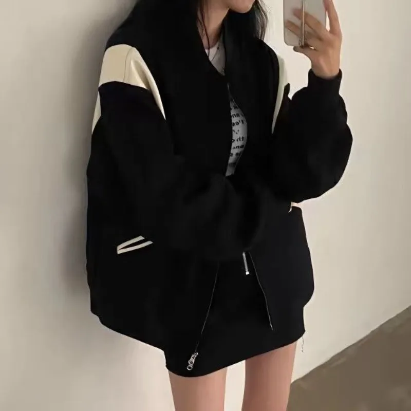 

American Retro Loose Baseball Suit Color-block Maillard Early Autumn Popular Sweater Jacket Women's Cardigan 2024