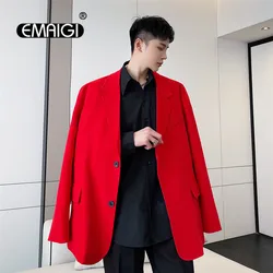 Blazer Men Vintage Fashion Casual Red Suit Blazers Jacket Outerwear Male Streetwear Hip Hop Loose Suit Coat Stage Clothing