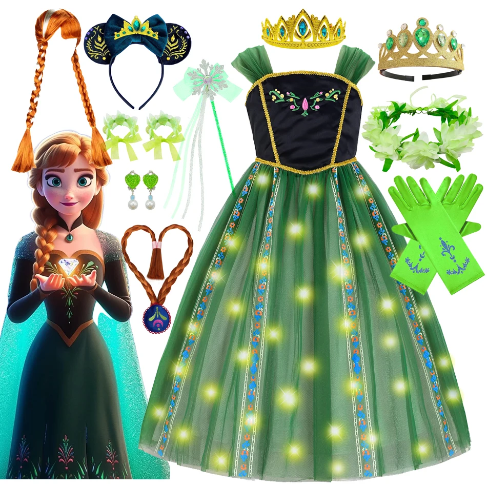 Disney Frozen Anna Princess Cosplay Costume Kid Fancy Green LED Light Flashing Birthday Party Gowns Dress Girl Carnival Role