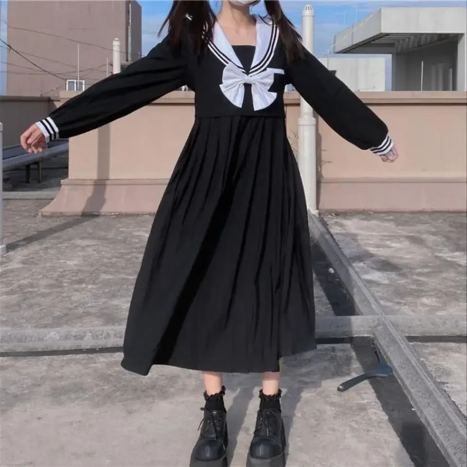 MAGOGO Sailor Navy Collar Black Dress for Female New Korean Style Long Sleeves Loose Waist Japanese College Bow Maxi Dresses