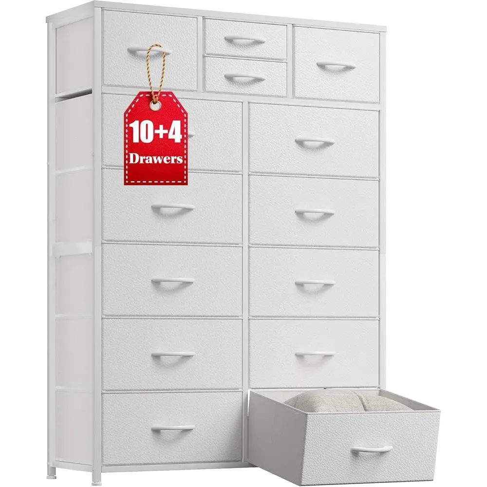 

10+4 Drawer Storage Unit with Metal Frame and Wooden Top, Ideal for Bedroom, Hallway, and Living Room, 52.2 H x 37.4 W x 11.8 D