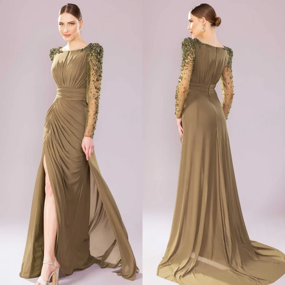 Abito da sera moderno in chiffon verde scuro personalizzato Abito da ballo squisito a maniche lunghe con scollo a cappella Abito da festa con cerniera sul retro