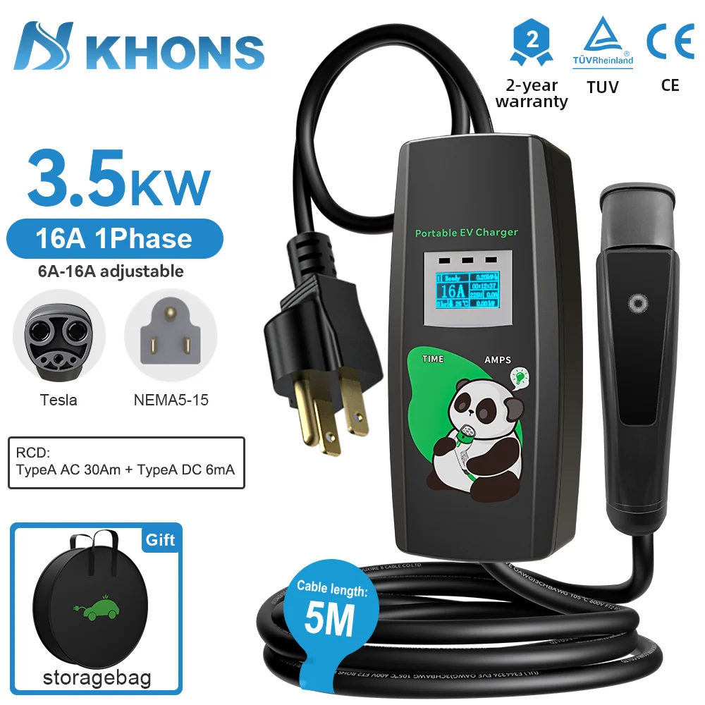 

Зарядное устройство для электромобиля Khons, портативное зарядное устройство 3,5 кВт, 5-метровый кабель Nema5-15 Tesla NACS, зарядное устройство для электромобиля, подходит для Tesla