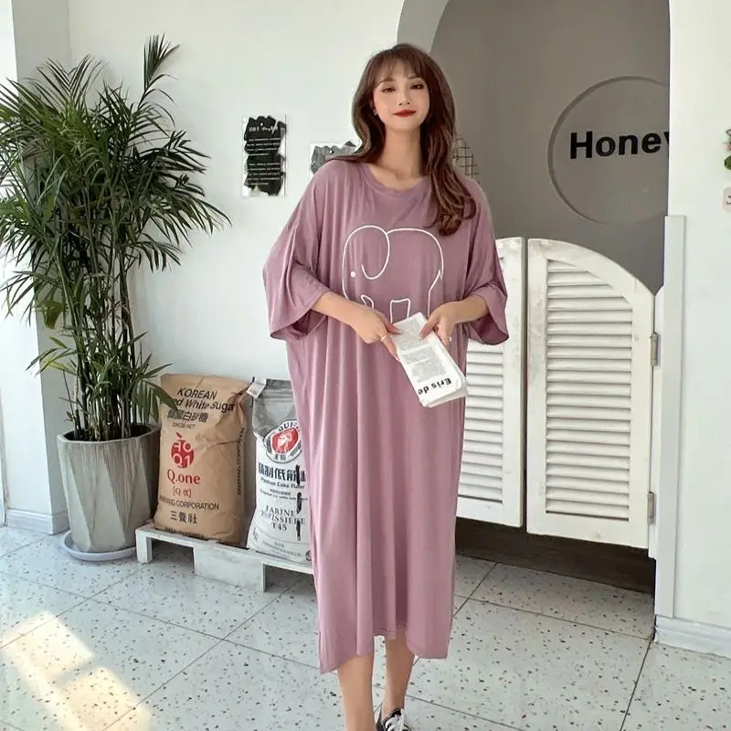 150kg Plus Size Women Loose Nightgown Elephant Printed Mid Home Dress Summer Thin Short-sleeved Pajamas Loungewear Nightwear