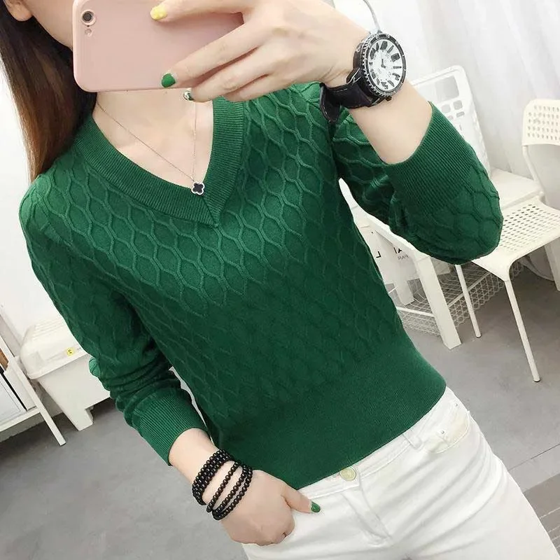 

Fashion V-Neck All-match Solid Color Sweaters Women's Clothing Autumn Loose Knitted Korean Pullovers Casual Tops JJ100