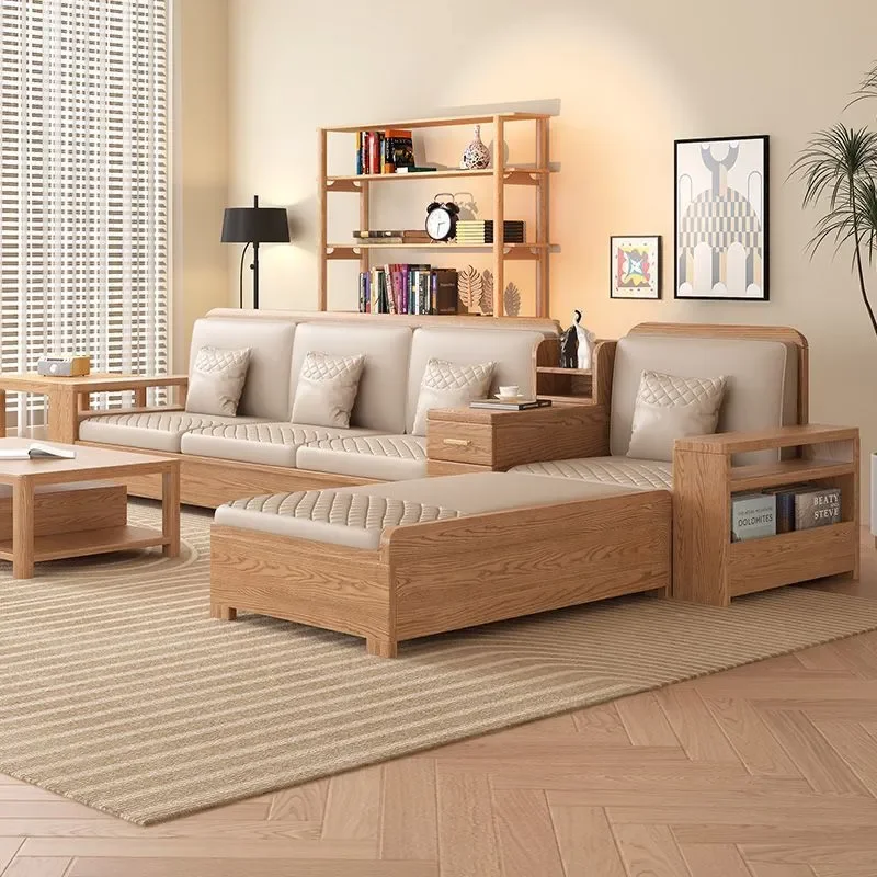 Modern Minimalist Ash Wood Solid Sofa for Small Apartment Living Room Straight Row Design with Storage Space Suitable for All