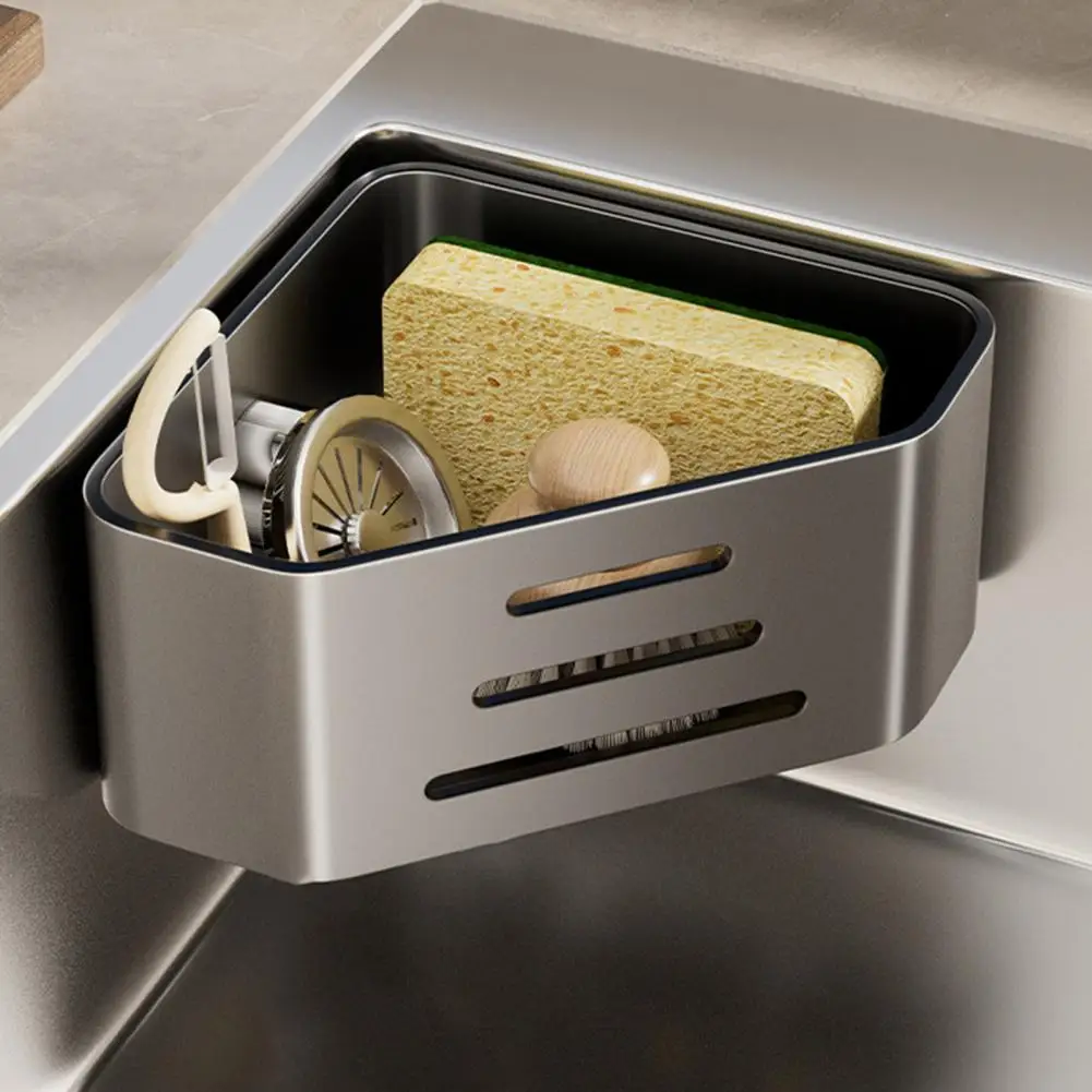 

Sink Filter Rack with Suction Cups Kitchen Sink Corner Quick Drying Hollow Carbon Steel Sponge Holder for Soap And Brushes