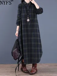 NYFS 2024 New Spring Autumn Woman Dress Vintage Loose Cotton Long Dress Vestidos Robe D ETE Femme Literary Plaid Shirt Dress