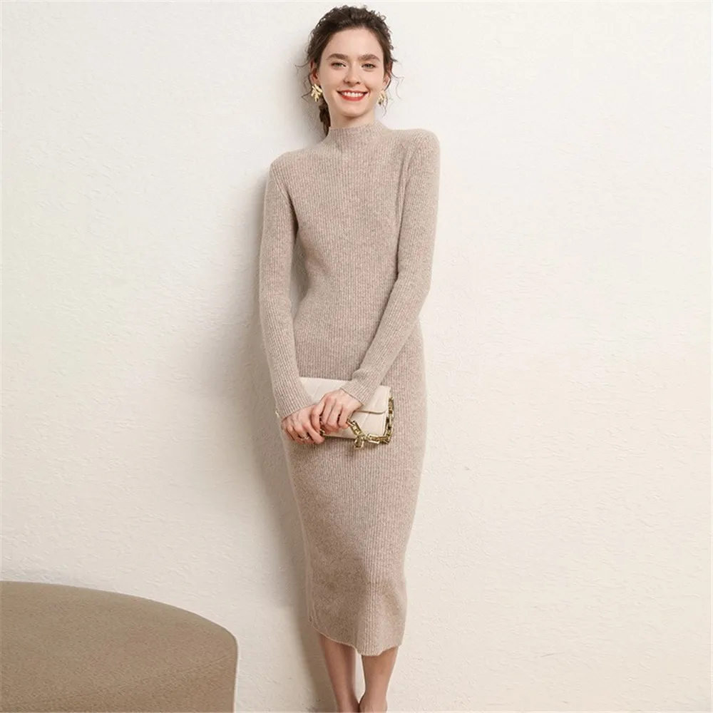 

Y2Kformal DressesAutumn And Winter Half High Necked Wool Dress For Women, Medium Sweater, Knee Length Cashmere Knitted Bu