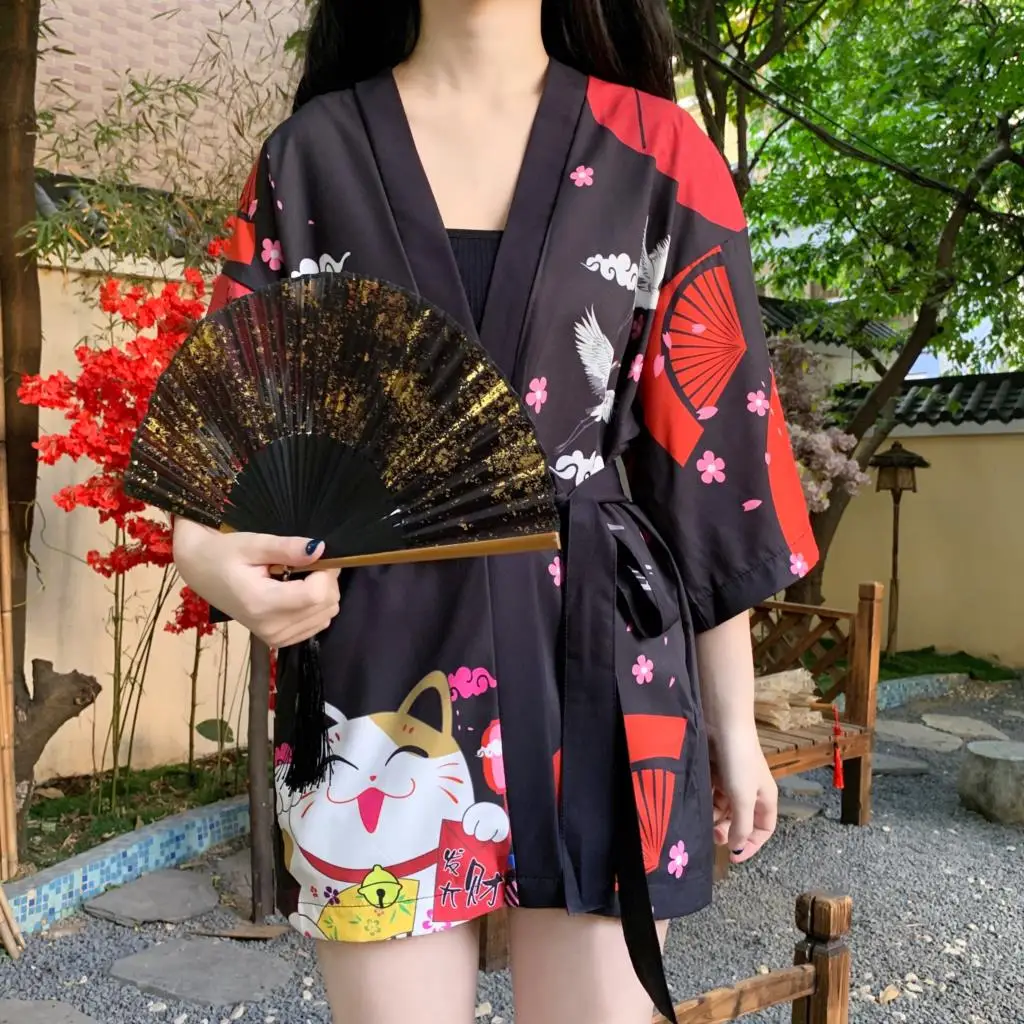 

2024 Lucky Cat Cardigan Kimono Women Japanese national style Kimono Traditional Tops Blouse Yukata Clothes Kawaii Robe beach