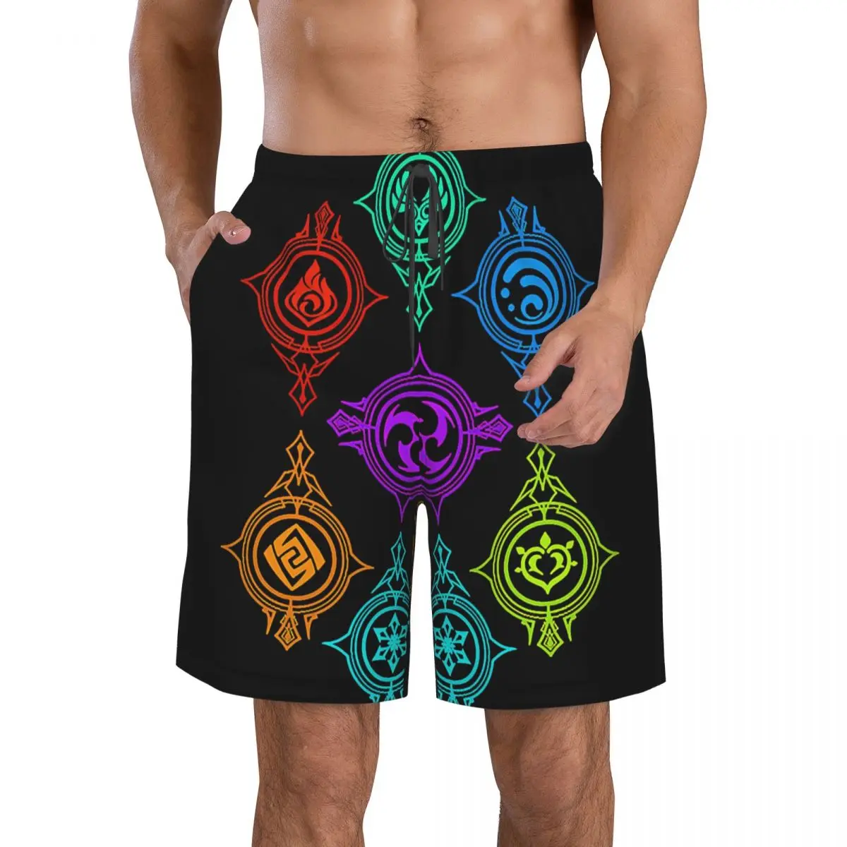 Elements Of World Genshin Impact Men's Beach Shorts Fitness Quick-drying Swimsuit Funny Street Fun 3D Shorts