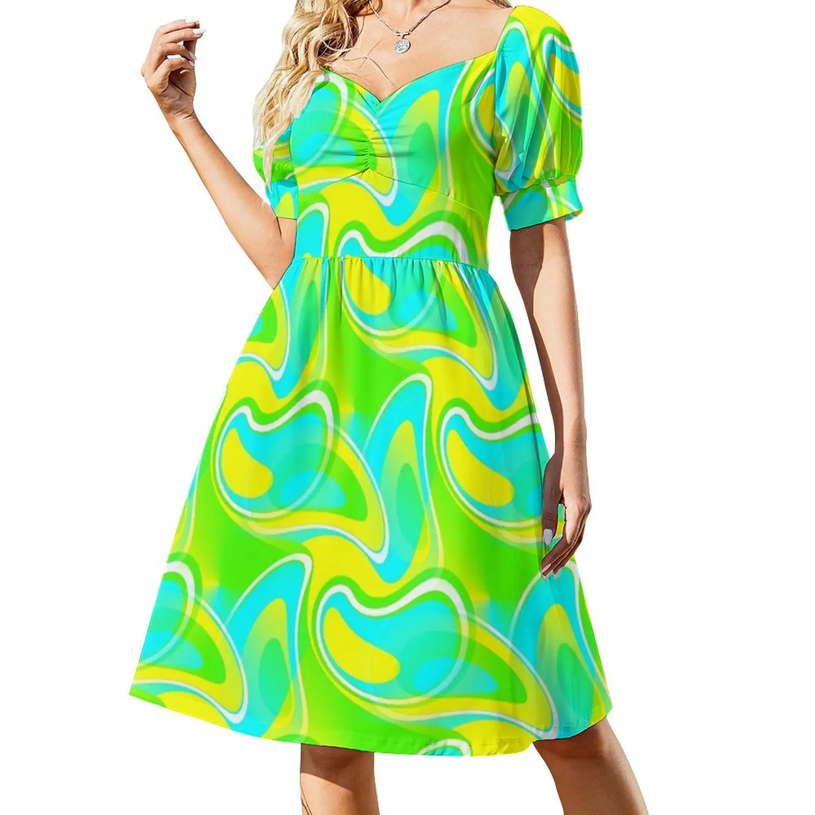 

Feeling Groovy - 60's Mod Paisley Abstract in Green, Blue and Yellow Short Sleeved Dress luxury dresses Dress