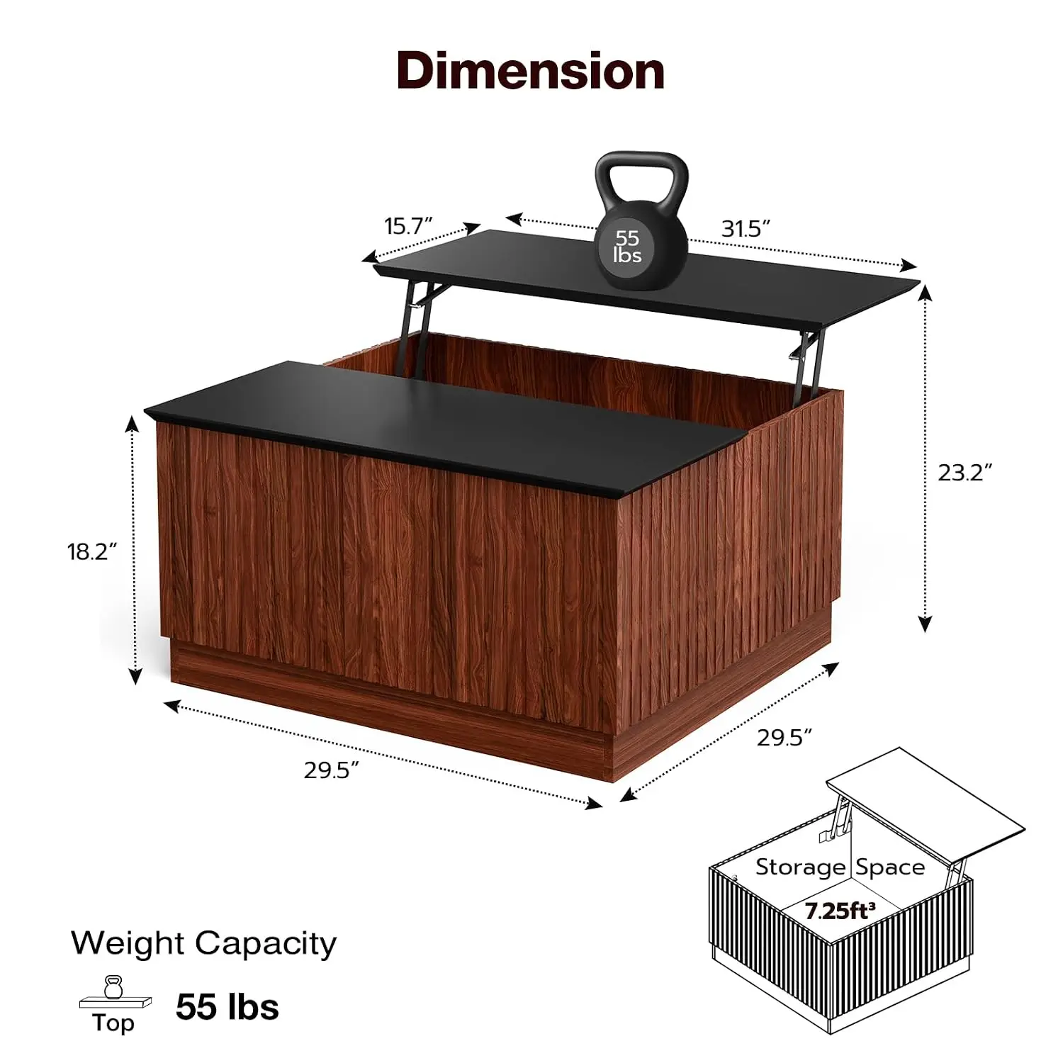 Lift-Top Coffee Table Mid-Century Fluted Walnut & Matte Black Finish, Customized