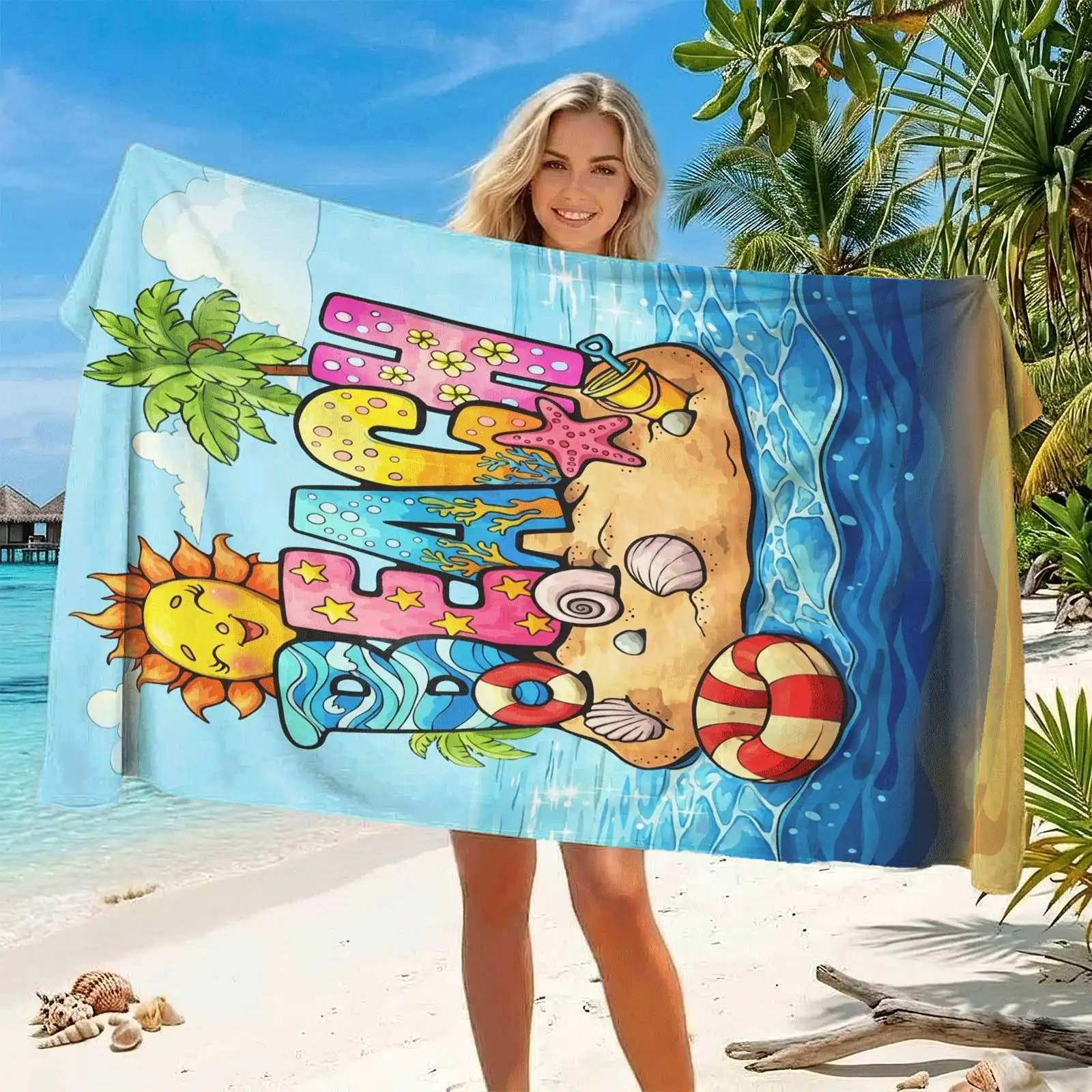 Cartoon Foamy Seashore Wave Rocky Coastline Beach Towel Quick Dry Sand Resistant Towel For Realistic Ocean Themed Beach Trip