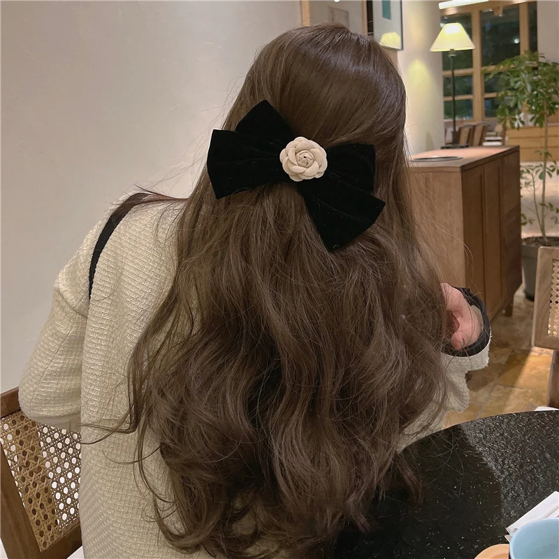 Pinza para el pelo con lazo grande de terciopelo negro Vintage para mujer y niña, Cinta Larga para boda, horquillas coreanas, pasador, accesorios