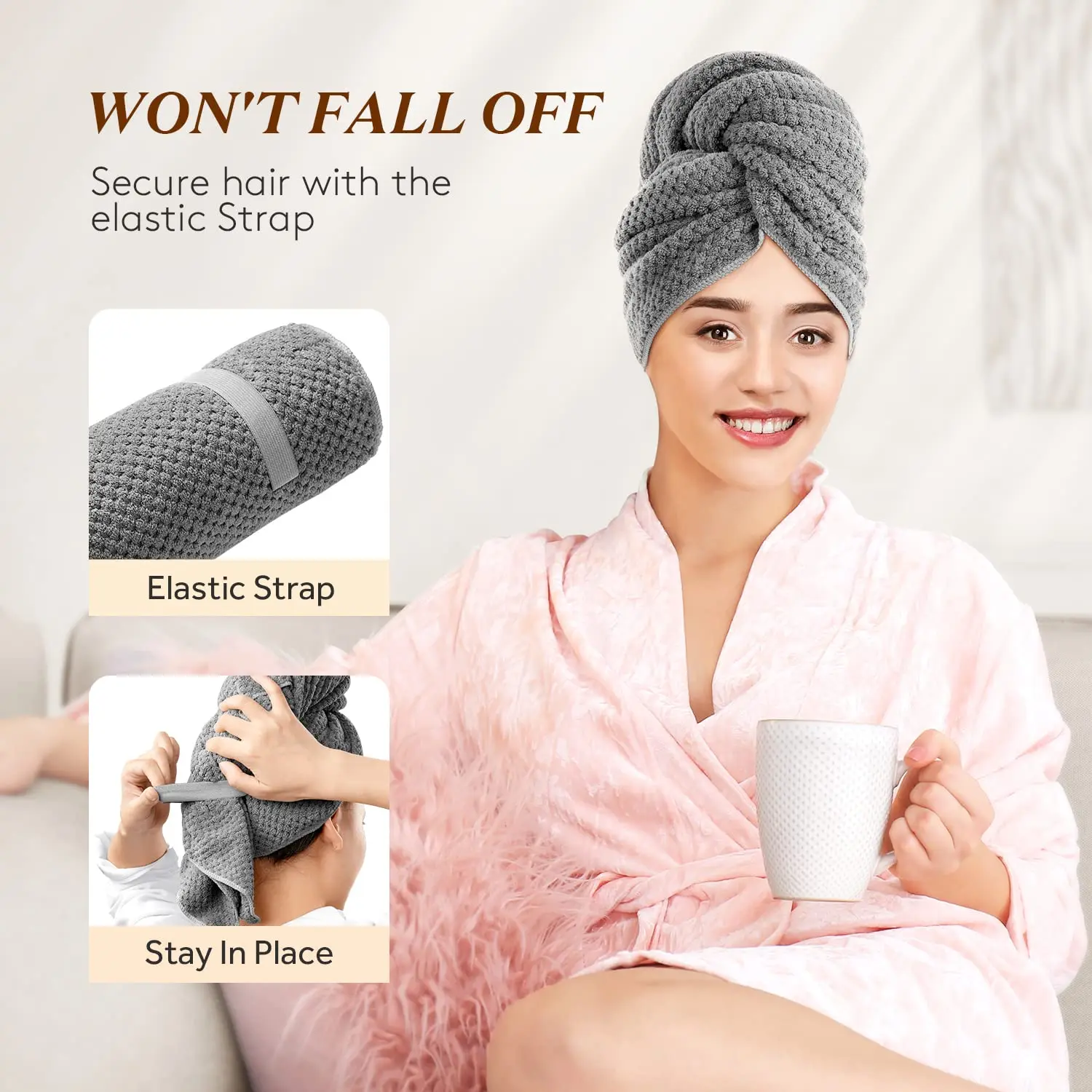 Large Microfiber Hair Towel Wrap for Women, Anti Frizz Hair Drying Towel with Elastic Strap, Fast Drying Hair Turbans