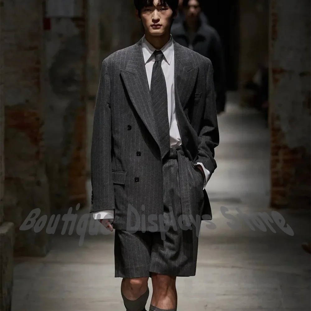 Casual Streetwear Men Suit Set Striped Blazer Short Pants Double Breasted Straight Fashion Daily Commute All Match Outfits