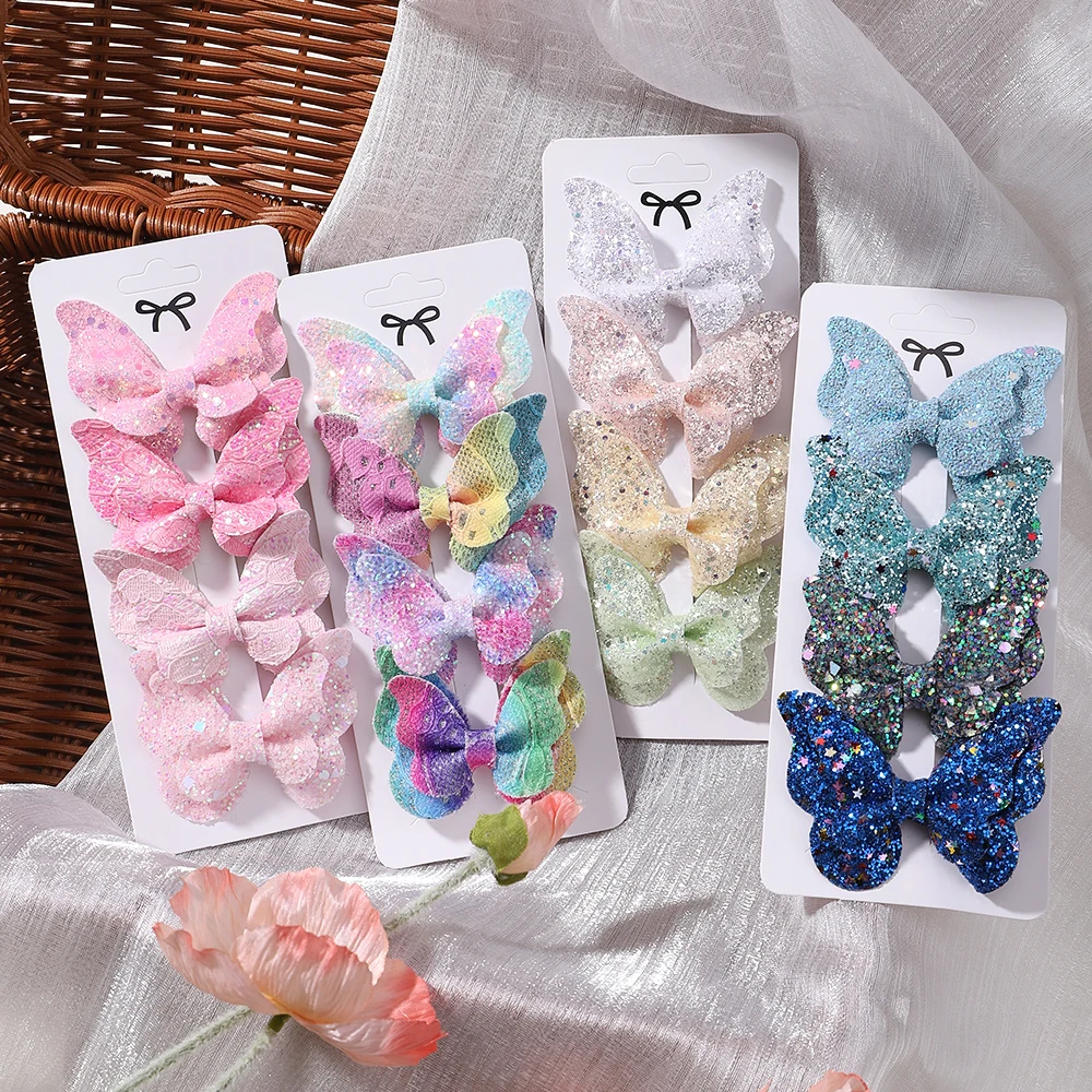 Candy Colored Hair Clip Set para Meninas, Double Layered Bow, Cute Bangs, Safe Cotton, Acessórios para Cabelo Infantil, 4Pcs, Set