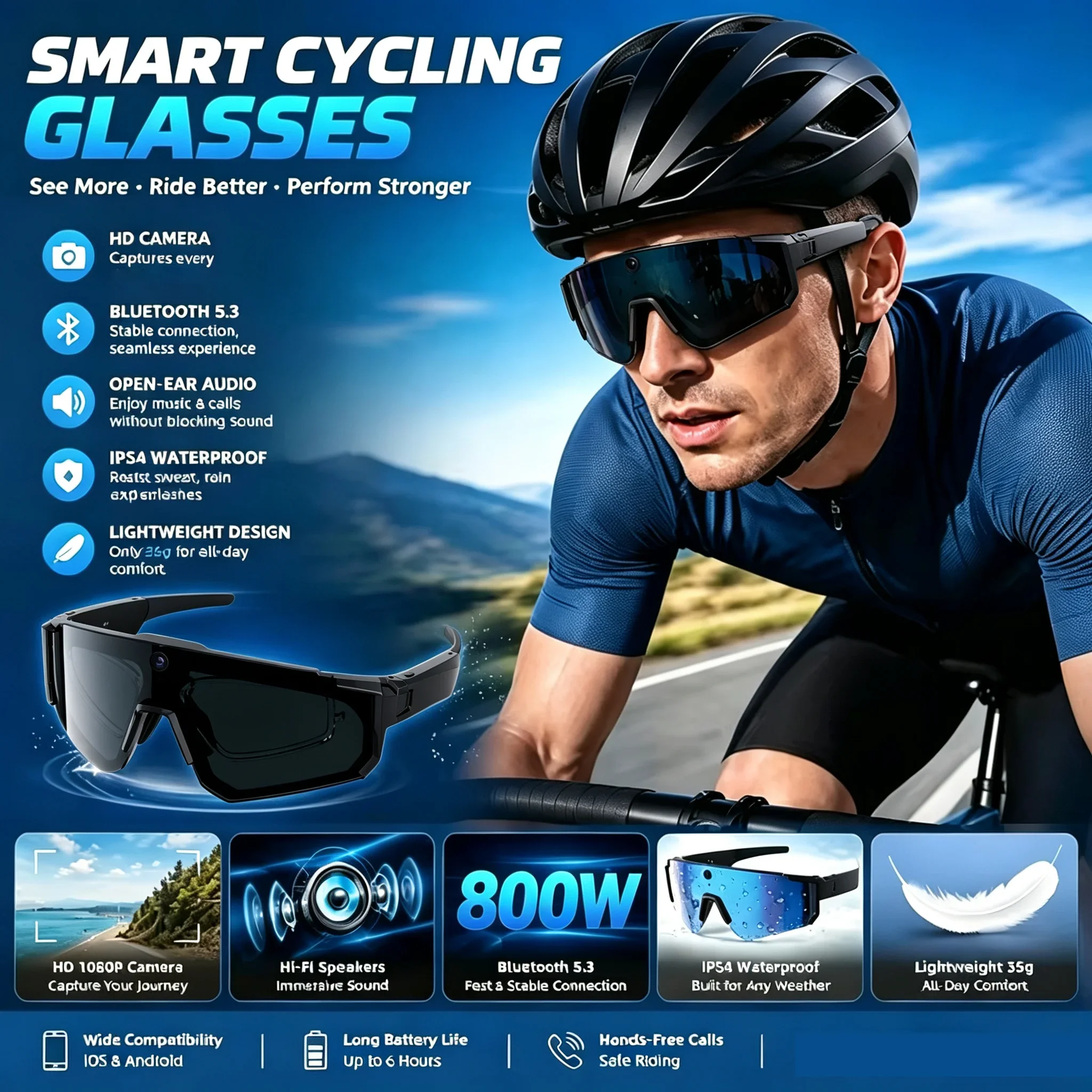 New Cycling Glasses with 800W HD Camera HD Video Recording Bluetooth 5.3 WiFi Transmission IP54 Waterproof Smart Glasses for Spo