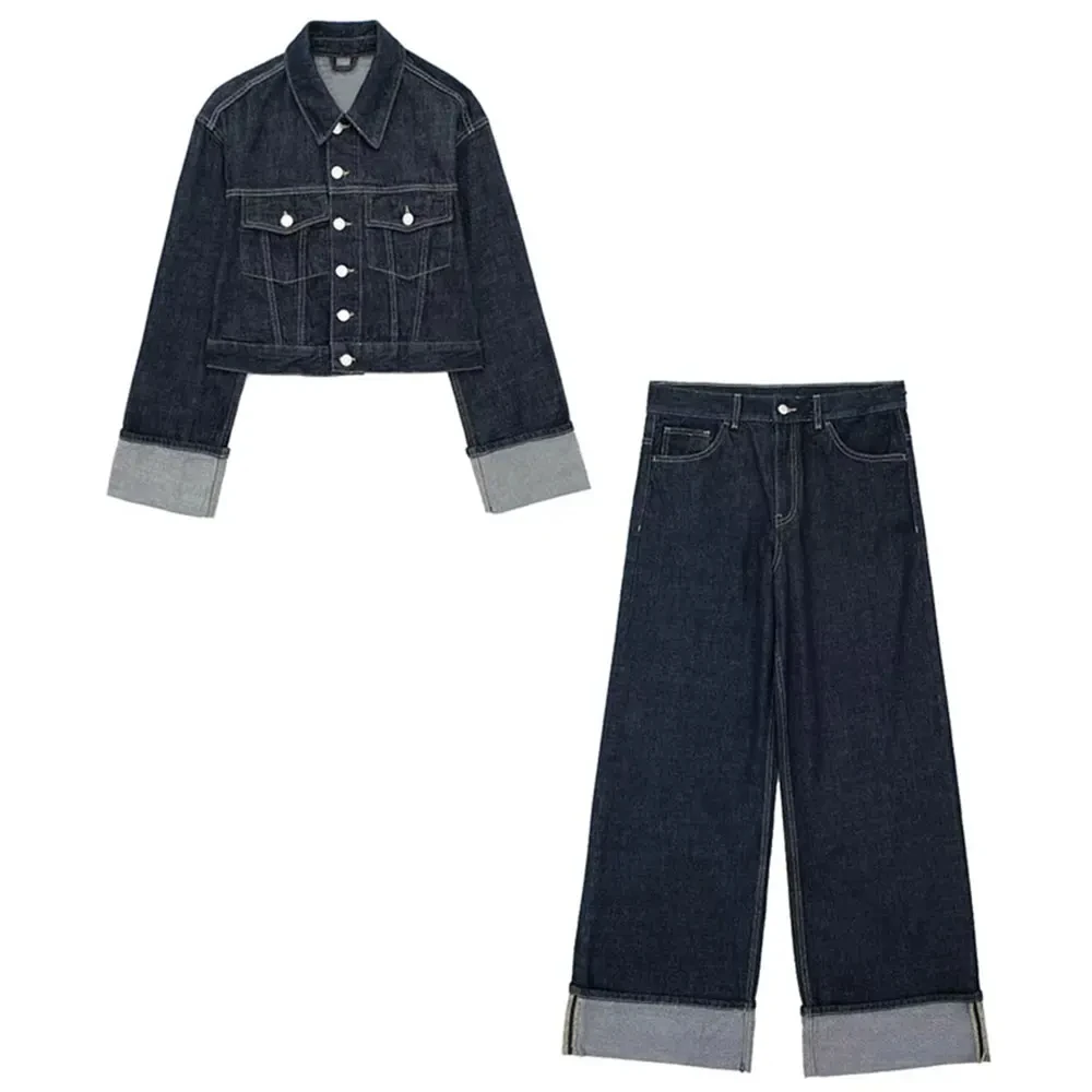 HH Damesmode Denim Set Casual Revers Lange Mouw Crop Jas Knoppen Vrouwelijke Vintage Wijde Pijpen Losse Jeans Lange Broek