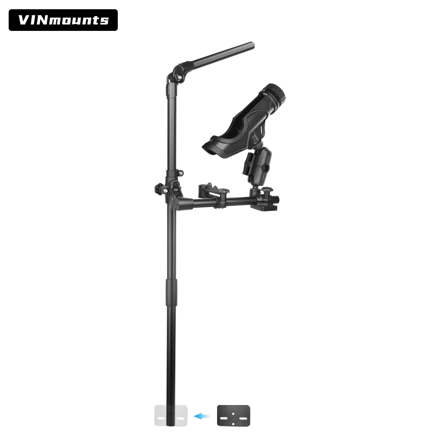 VINmounts growth fish detector sonar bracket with fishing rod base and dual socket arm, optional with different length brackets