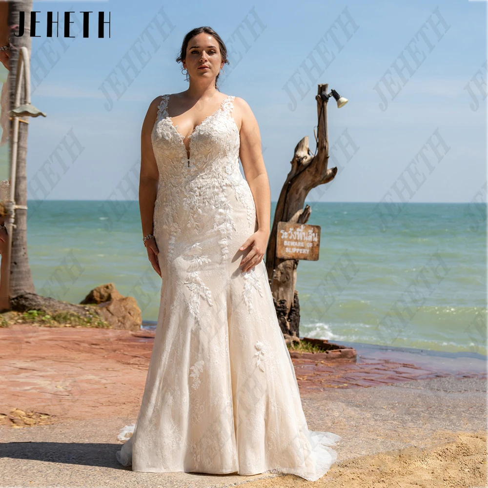 JEHETH Exquisite ärmellose Brautkleider Für Frau Plus Größe V-Ausschnitt SpiJeheth exquisite ärmellose Brautkleider für Frauen plus Größe V-Ausschnitt Spitze Applikation Brautkleider Tüll Meerjungfrau Vestidos de Novia