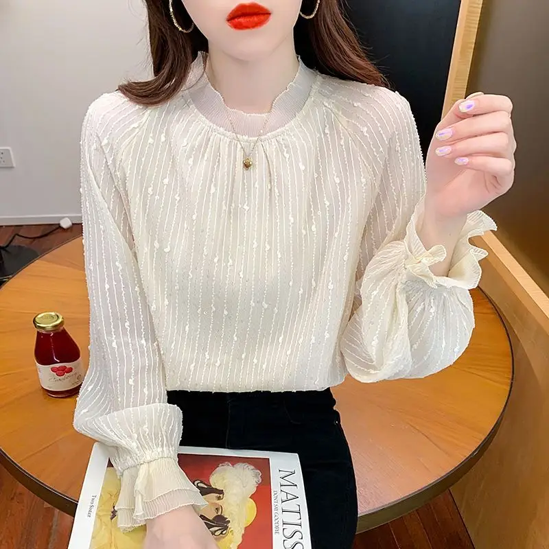 

Women's Chiffon Shirt Spring Version Stand Collar Simple Base Layer Top Inner And Outer Wear Bell Sleeve Lace Shirt E11347