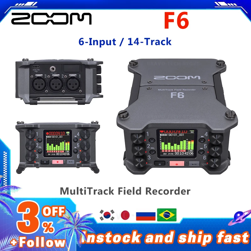 Zoom F6 6-Input / 14-Track Multitrack Field Recorder 32-Bit Professional Float Recording Mic Preamps