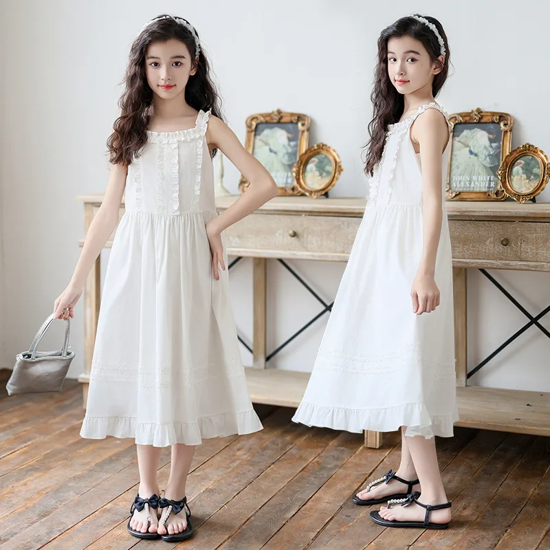 Girls White Ruffle Strap Dress Sleeveless Lace Trim Tiered Cotton Dress for Kids Summer Casual Vacation Wear School Daily Outfit