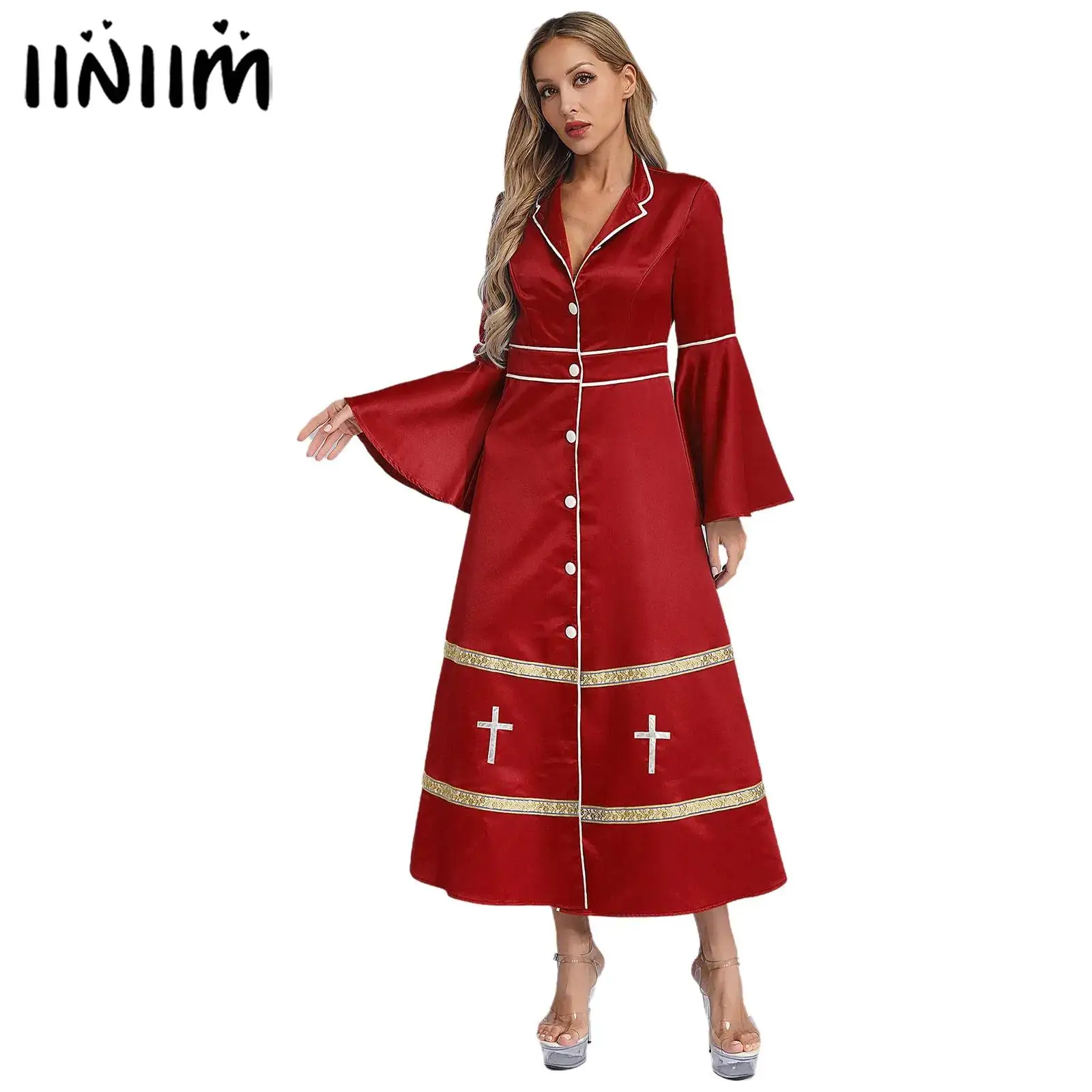 Womens Clergy Minister Cosplay Church Pastor Robes Choir Cosplay Costume Buttons Cassock Robes Pulpit Liturgical Vestments