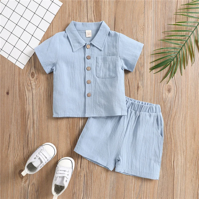 Blotona 2Pcs Little Boys Outfit, Toddlers Summer Solid Color Lapel Short Sleeve Single-breasted Shirt Tops +Elastic Waist Shorts