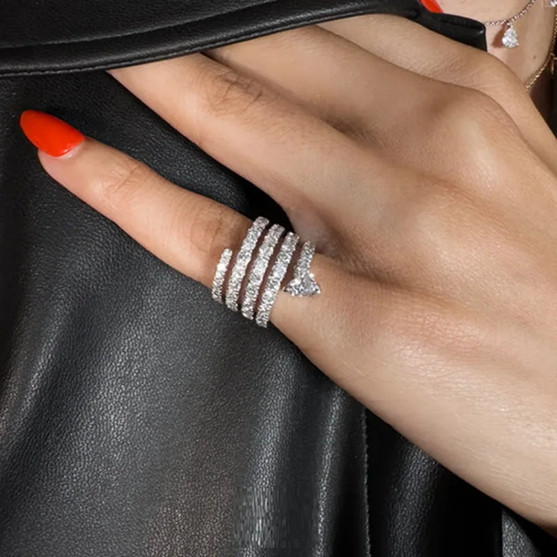 Valentine's Day Gift Sparking Heart Cubic Zirconia Multi Wrap Spiral Spring Shaped Micro Paved CZ Pinky Finger Ring