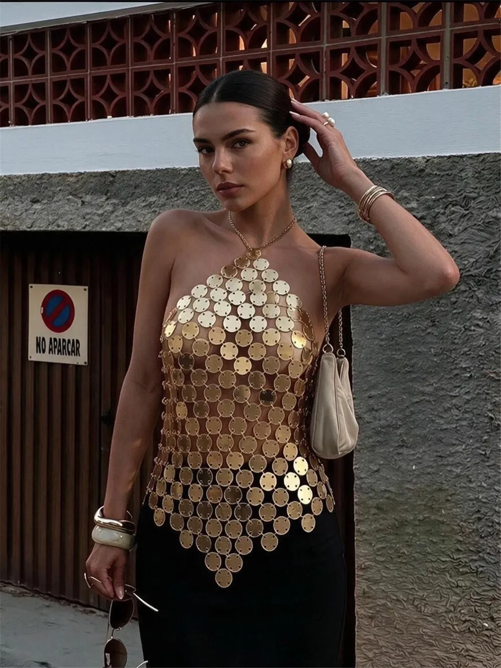 Ladies' New Sexy Multi-Layer Acrylic Mirror Flash Vest Spicy Girl Top Body Chain Nightclub Hanging Neck Backless Bead Top