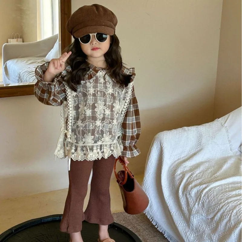 

Children Clothing Set 2023 Autumn New Girls Fashionable Baby Plaid Shirt and Lace Blouse Flare Pants Sweet Three-piece Set